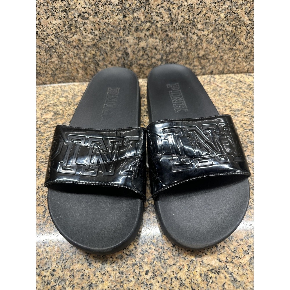 PINK Victoria's Secret Slide Sandals Womens Black Logo Slip On Shoes Casual